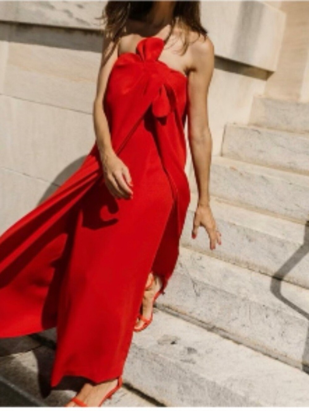 ANTONIO MELANI Strapless Red Maxi Dress with Bow Accent